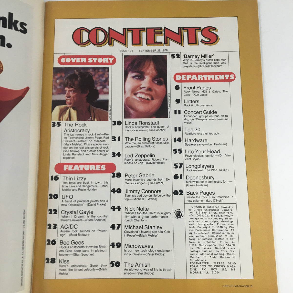 Contents page of Circus Magazine September 28, 1978, listing features including 'The Rock Aristocracy,' Linda Ronstadt, and other notable artists.