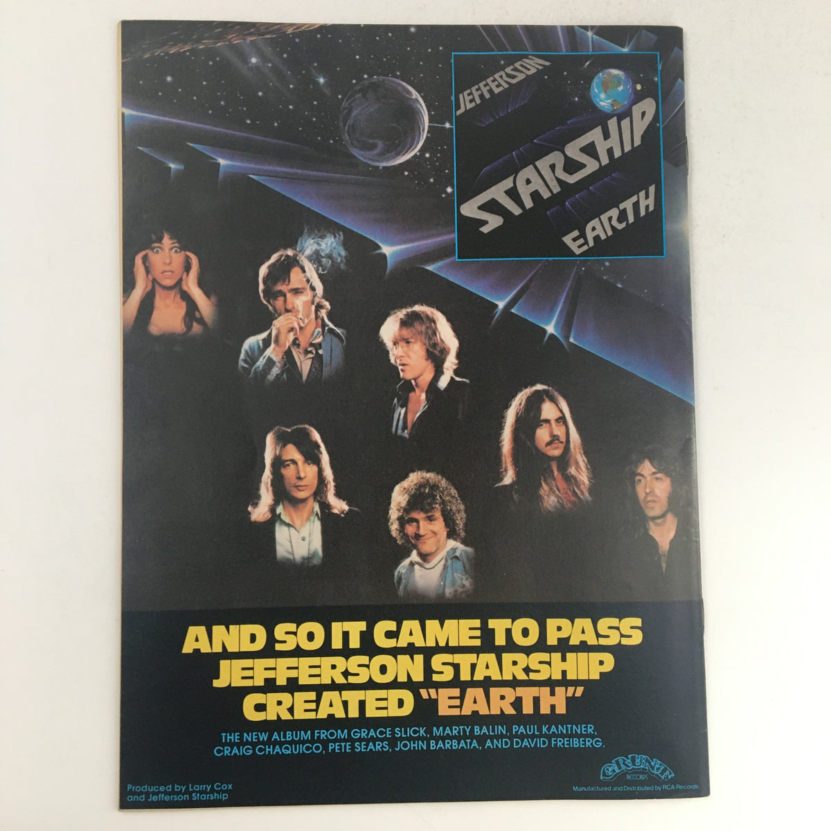 Promotional photo from Circus Magazine April 13 1978 featuring Jefferson Starship, announced their new album 'Earth' with a stunning cosmic background.
