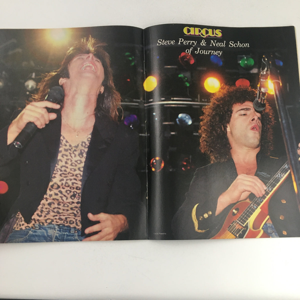 Inside spread of Circus Magazine, April 30, 1982, showcasing a performance by Steve Perry and Neal Schon of Journey.