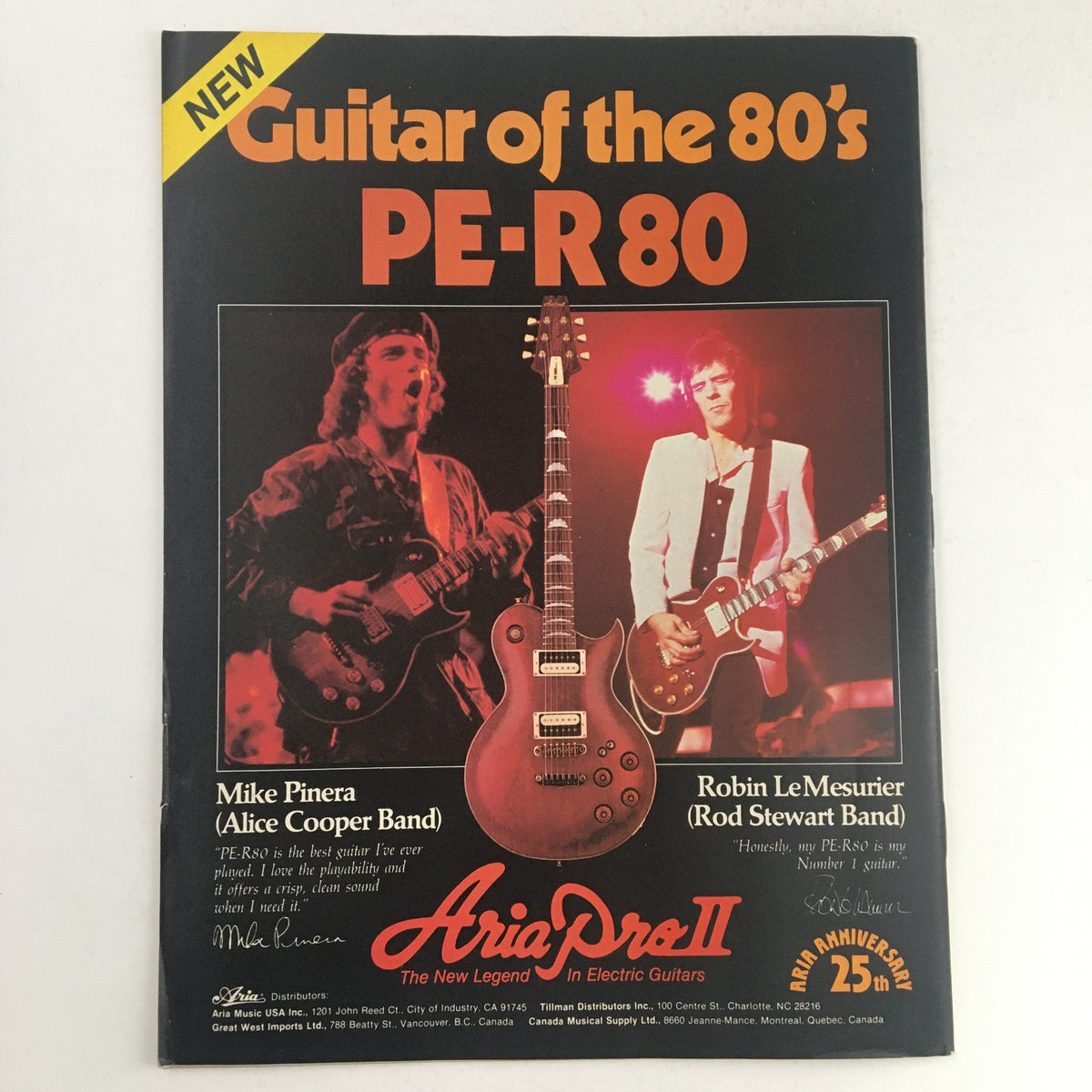 Cover of Guitar of the 80's PE-R80 magazine featuring musicians Mike Pinera and Robin LeMesurier, showcasing electric guitars from Aria Pro II.