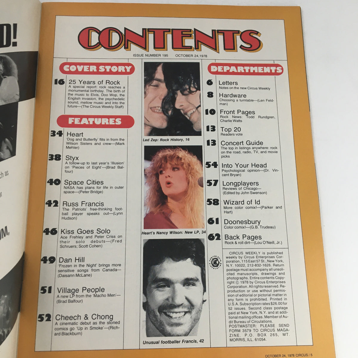Contents page of Circus Magazine October 24 1978, detailing features like '25 Years of Rock' and articles about popular music artists.