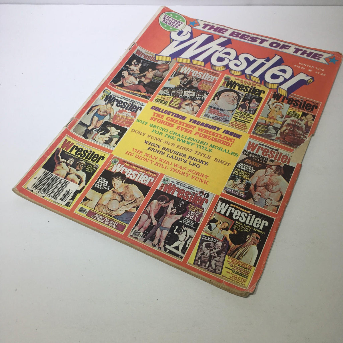 Front cover of 'The Best of Wrestler Magazine Winter 1976' showcasing various wrestling legends, promotional artwork, and featuring headlines about wrestling events and personalities.
