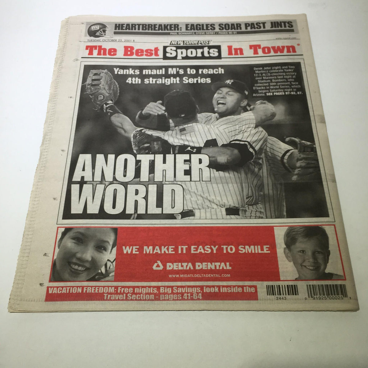 New York Post: Another World headline from an article on Yankees reaching the 4th straight Series, adding historical context to the Oct 23 2001 edition.