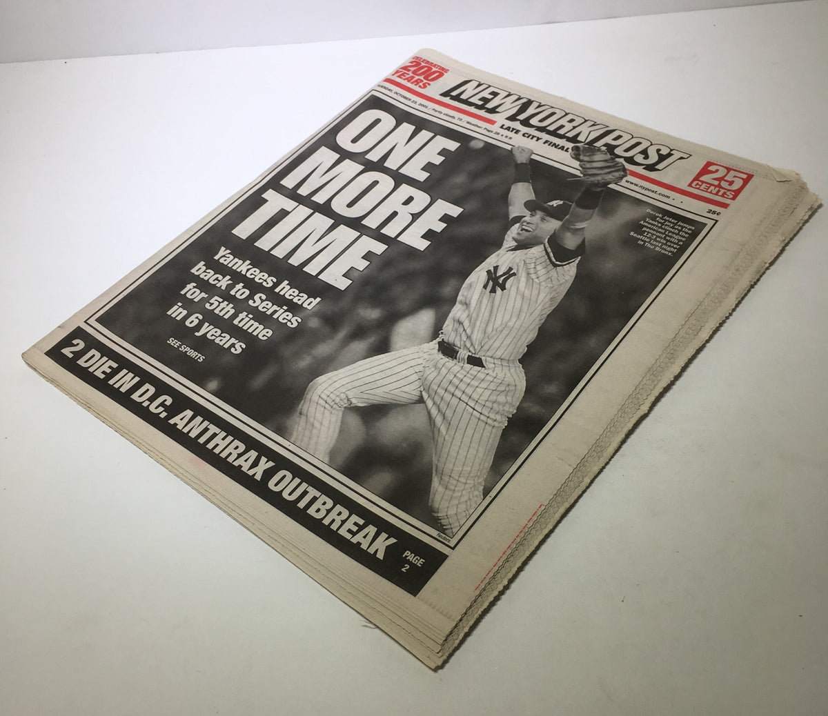 New York Post newspaper from October 23, 2001, featuring Derek Jeter of the New York Yankees with the headline 'ONE MORE TIME' celebrating the Yankees' advance to the World Series for the fifth time in six years.