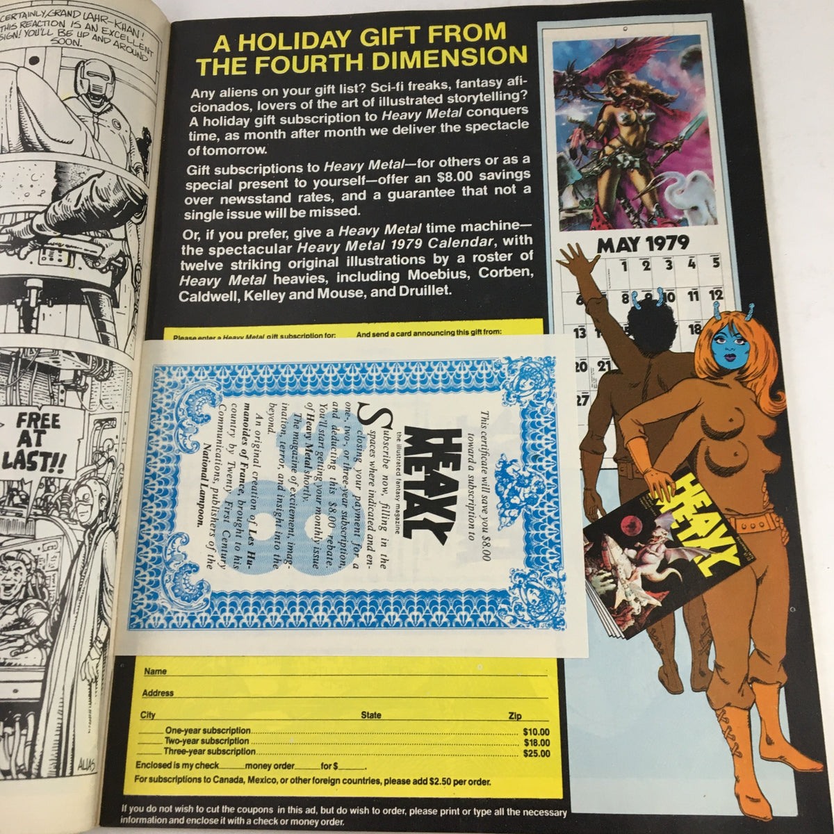 Inside page of Heavy Metal Magazine January 1979 featuring a subscription advertisement, highlighting gift subscriptions and exciting content available in the magazine.