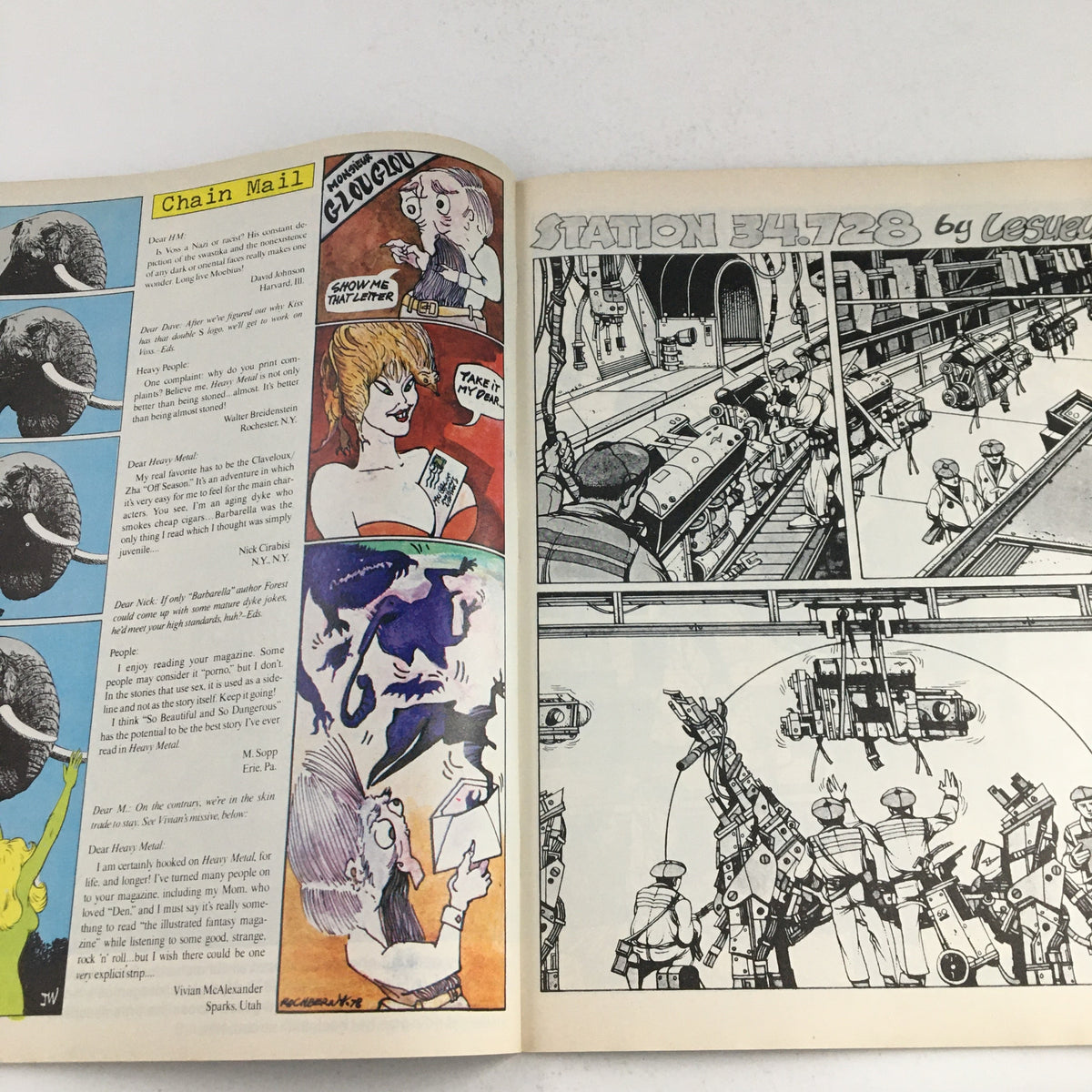Another page from Heavy Metal Magazine January 1979 displaying a blend of letters to the editor and dynamic comic artwork titled 'Station 34728' featuring robotic themes and sci-fi scenes.