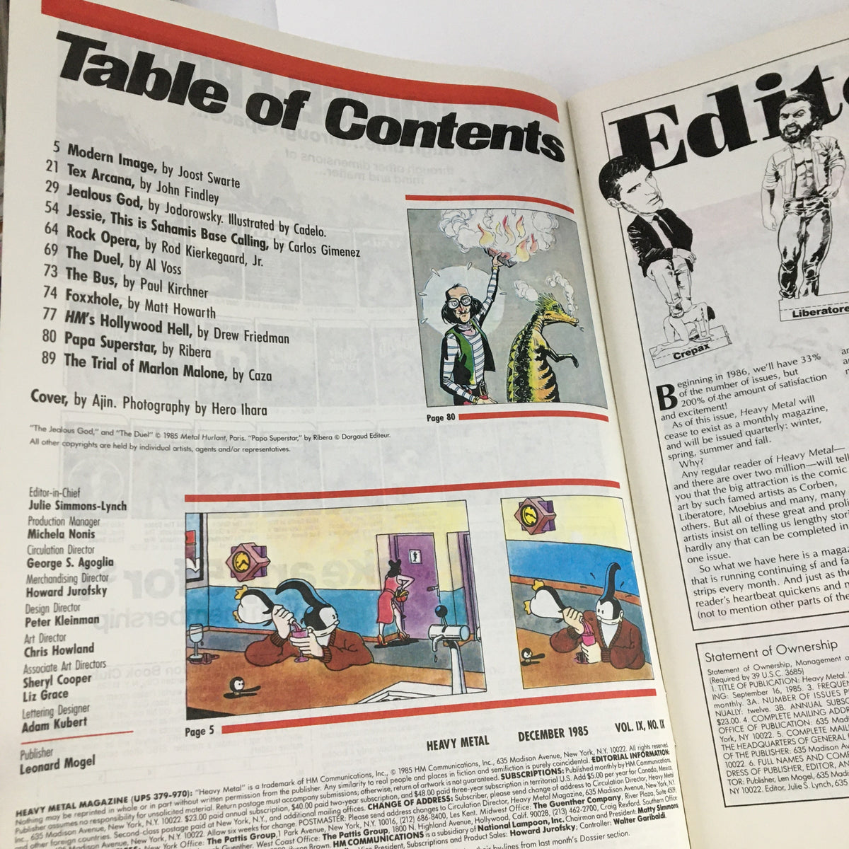 Inside spread of Heavy Metal Magazine December 1985 showcasing the Table of Contents and Editor's note, featuring colorful illustrations and comic style text.