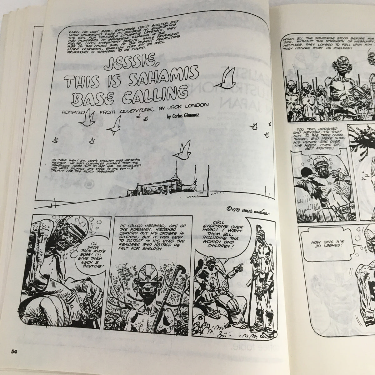 Artistic depiction from Heavy Metal Magazine December 1985 titled 'Jessie, This is Sahamis Base Calling', highlighting dramatic scenes and intricate illustrations.