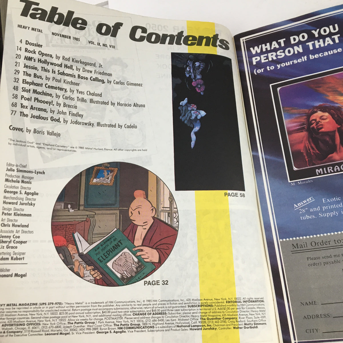 Inside page of Heavy Metal Magazine November 1985 displaying the Table of Contents, which includes the feature story 'Elephant Cemetery' by Yves Chaland and other notable articles.