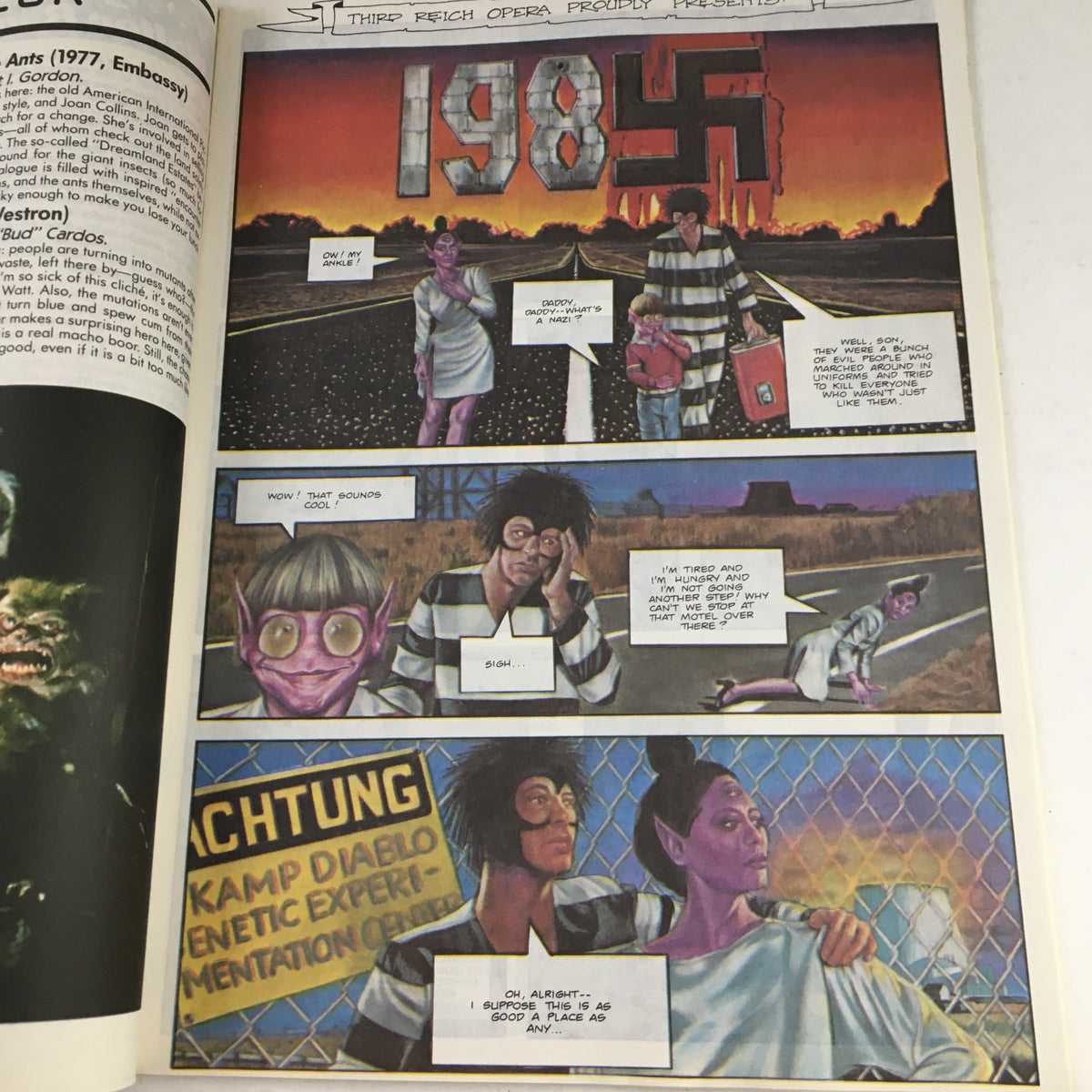 Comic panel from Heavy Metal Magazine November 1985, illustrating a surreal scene depicting a futuristic narrative, featuring characters in a dystopian setting.