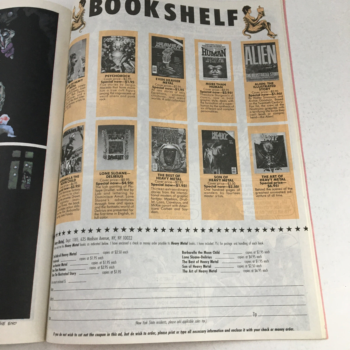 Interior page from Heavy Metal Magazine, November 1985 issue featuring various book recommendations including Heavy Metal titles and art, showcasing the magazine's unique blend of fantasy and sci-fi.