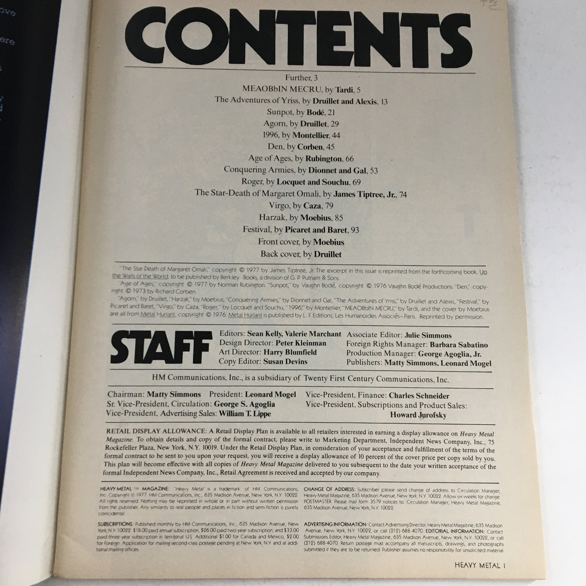 Contents page of Heavy Metal Magazine May 1977, detailing featured stories including 'The Star-Death of Margaret Omali' and various contributions by notable artists and writers.