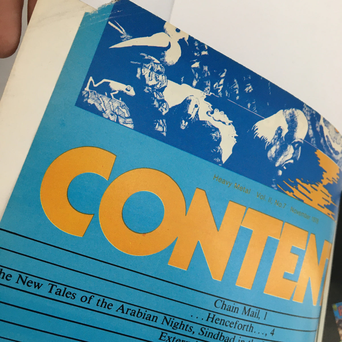 Contents page of Heavy Metal Magazine November 1978 displaying the title 'CONTENTS' in bold yellow text, with illustrated graphics typical of the magazine's style.
