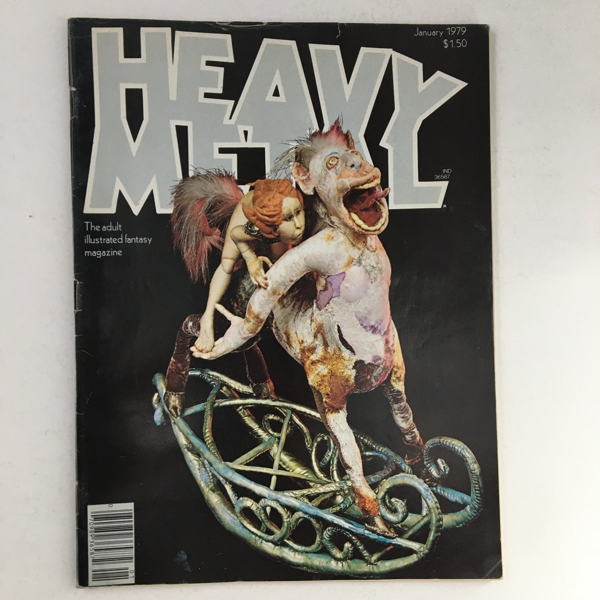 Cover of Heavy Metal Magazine January 1979 featuring unique artwork of Monsieur Glou Glou by Rochberny, showcasing a fantastical creature with a child on its back, capturing the vibrant culture of the late 1970s.