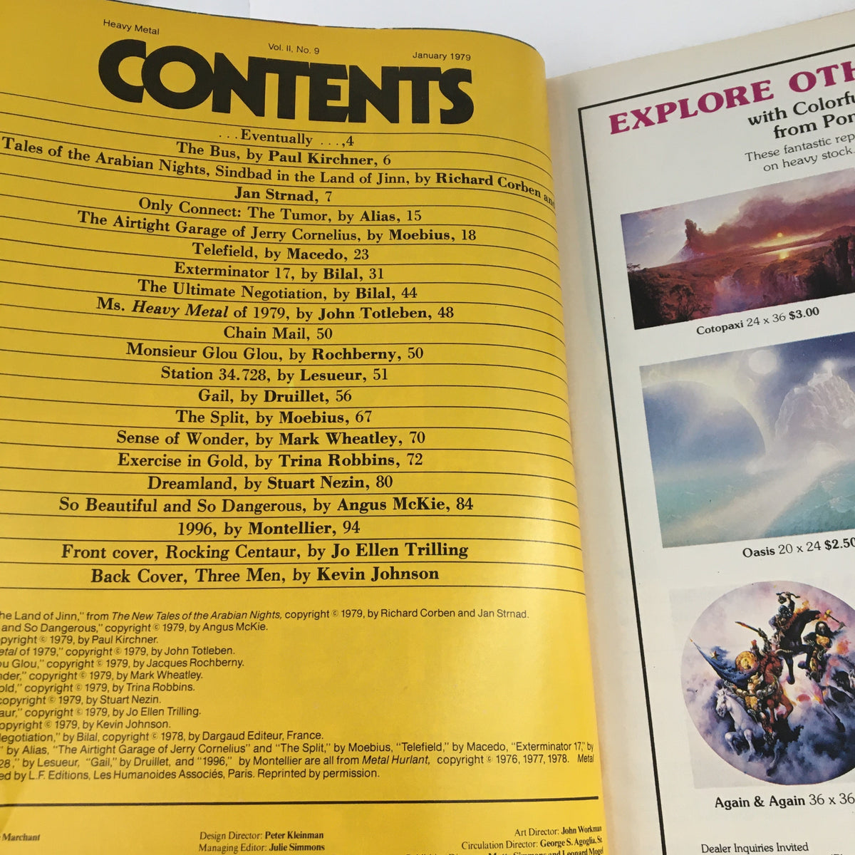 Table of contents from Heavy Metal Magazine January 1979, listing various artistic stories and features including Monsieur Glou Glou by Rochberny, highlighting the magazine's unique contributions to adult illustrated fantasy.