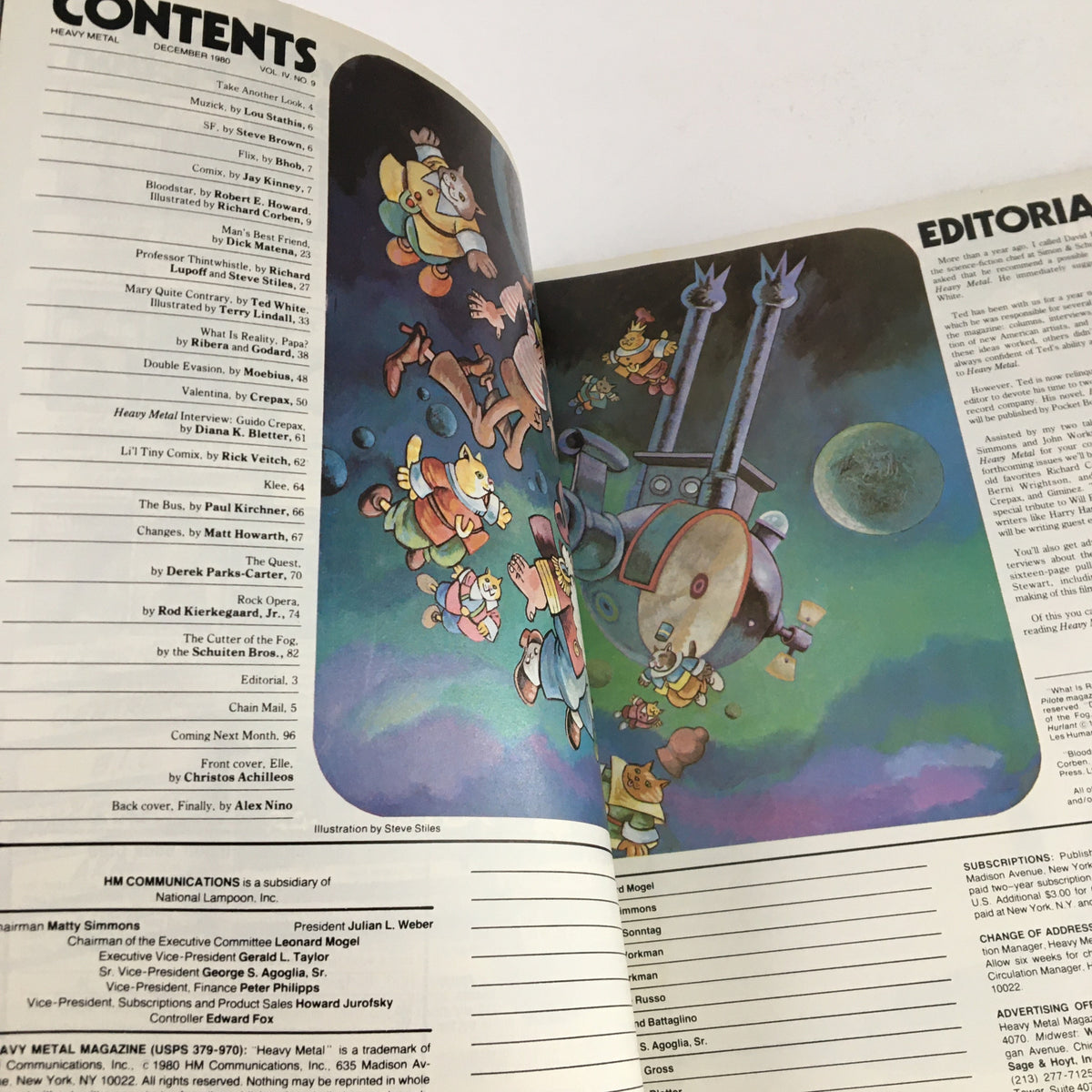 Contents page of Heavy Metal Magazine December 1980, illustrating various articles and features with colorful graphics and a cartoonish theme.