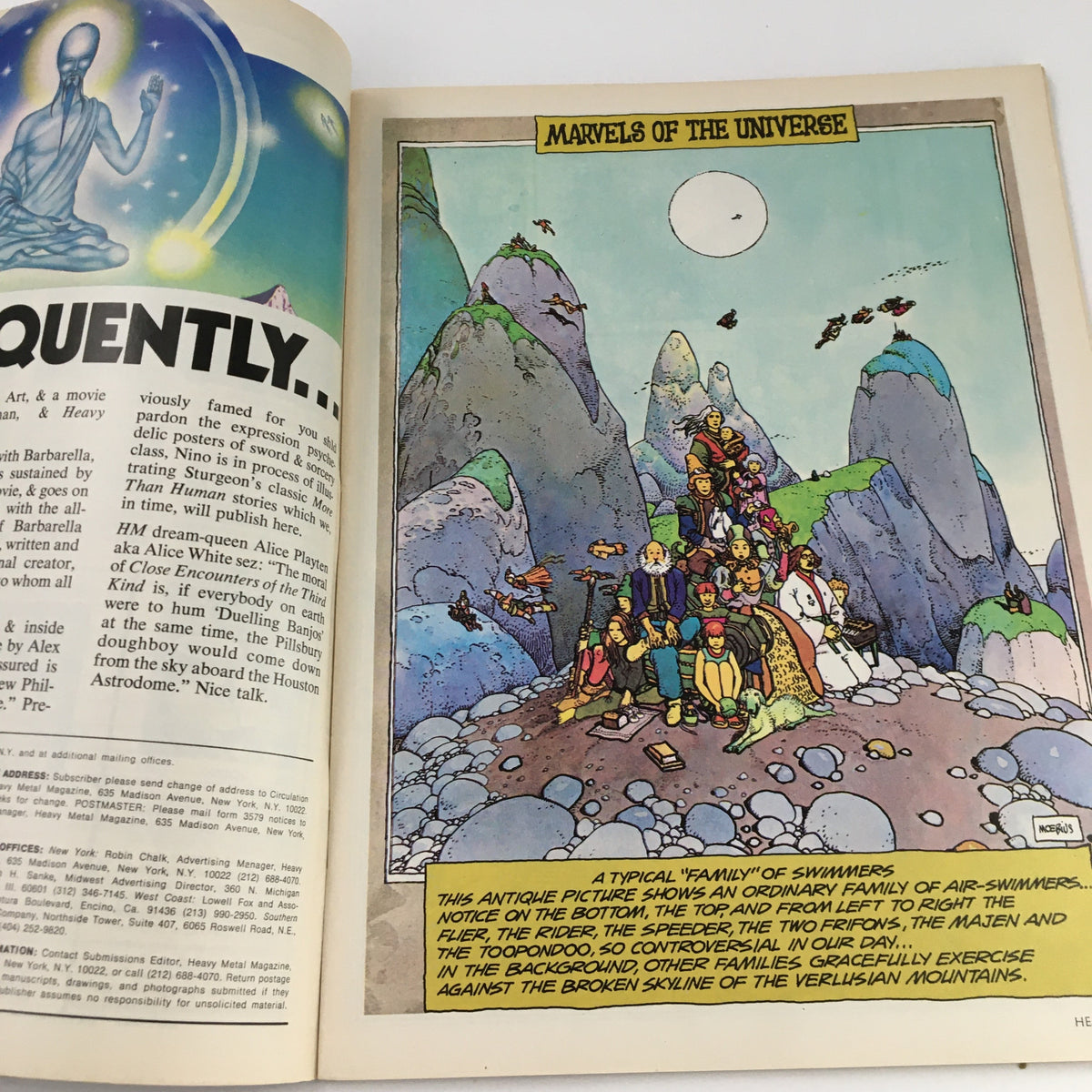 Interior page from Heavy Metal Magazine February 1978 featuring the artwork 'Marvels of the Universe' by Moebius, showcasing a family of air-swimmers in a vibrant, surreal landscape.