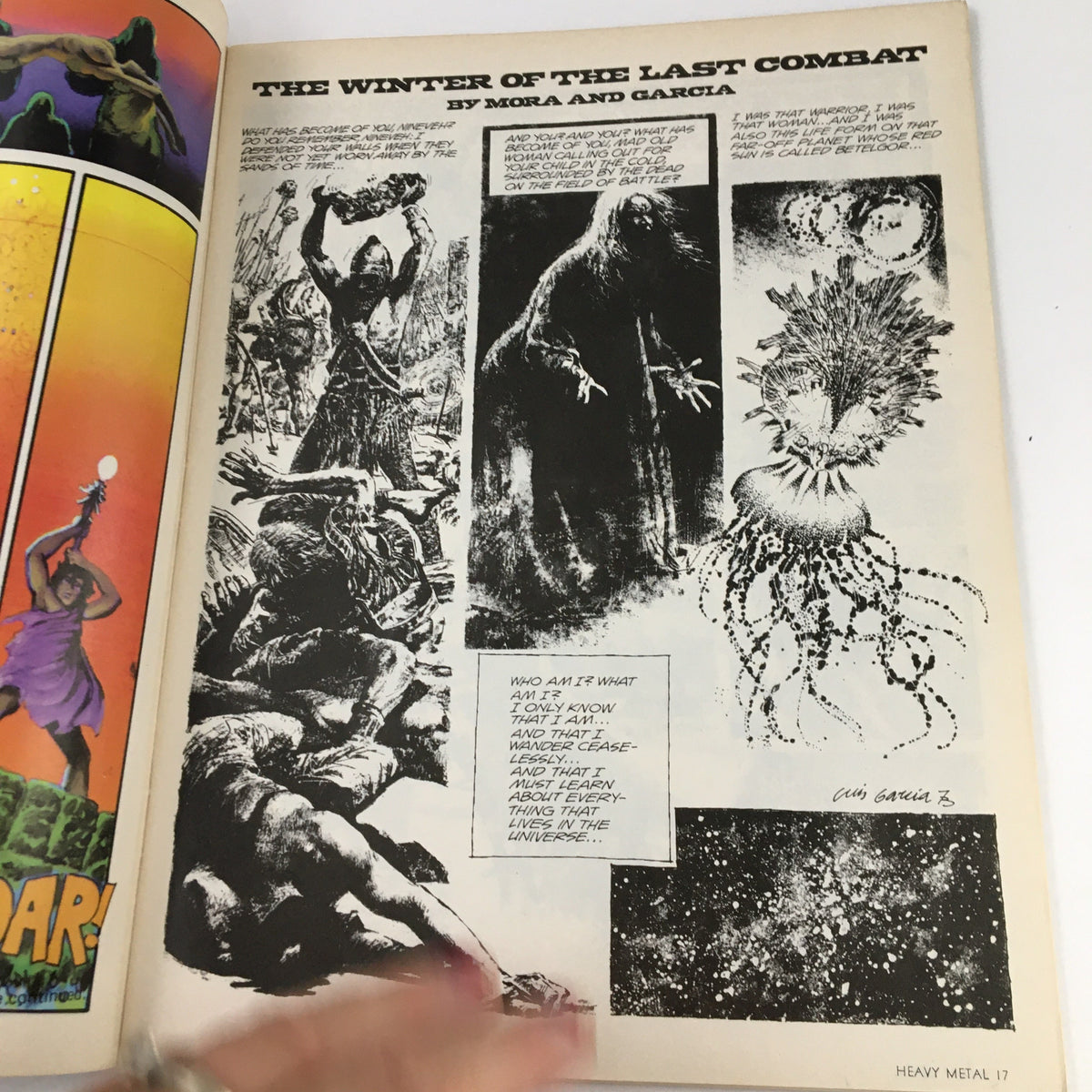 Interior page from Heavy Metal Magazine February 1978 displaying 'The Winter of the Last Combat' by Mora and Garcia, featuring dark, dramatic illustrations exploring themes of existence and cosmic battles.