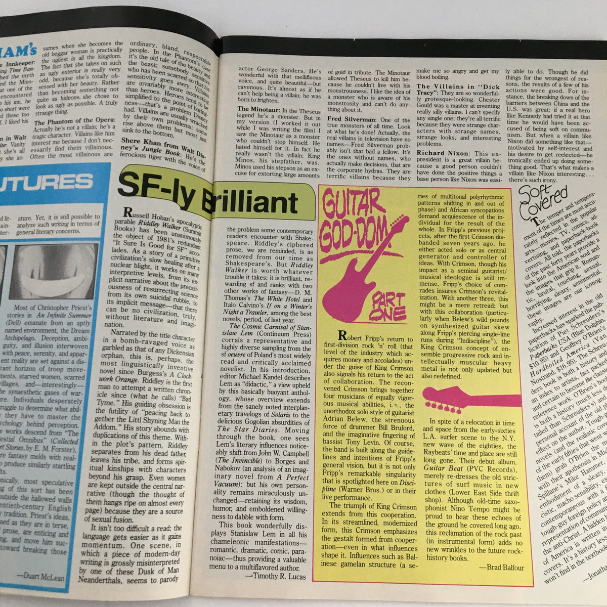 Interior pages of Heavy Metal Magazine February 1982, featuring two articles titled 'SF-ly Brilliant' and 'Guitar God-dom Part One,' showcasing comic culture and music in the early 80s.
