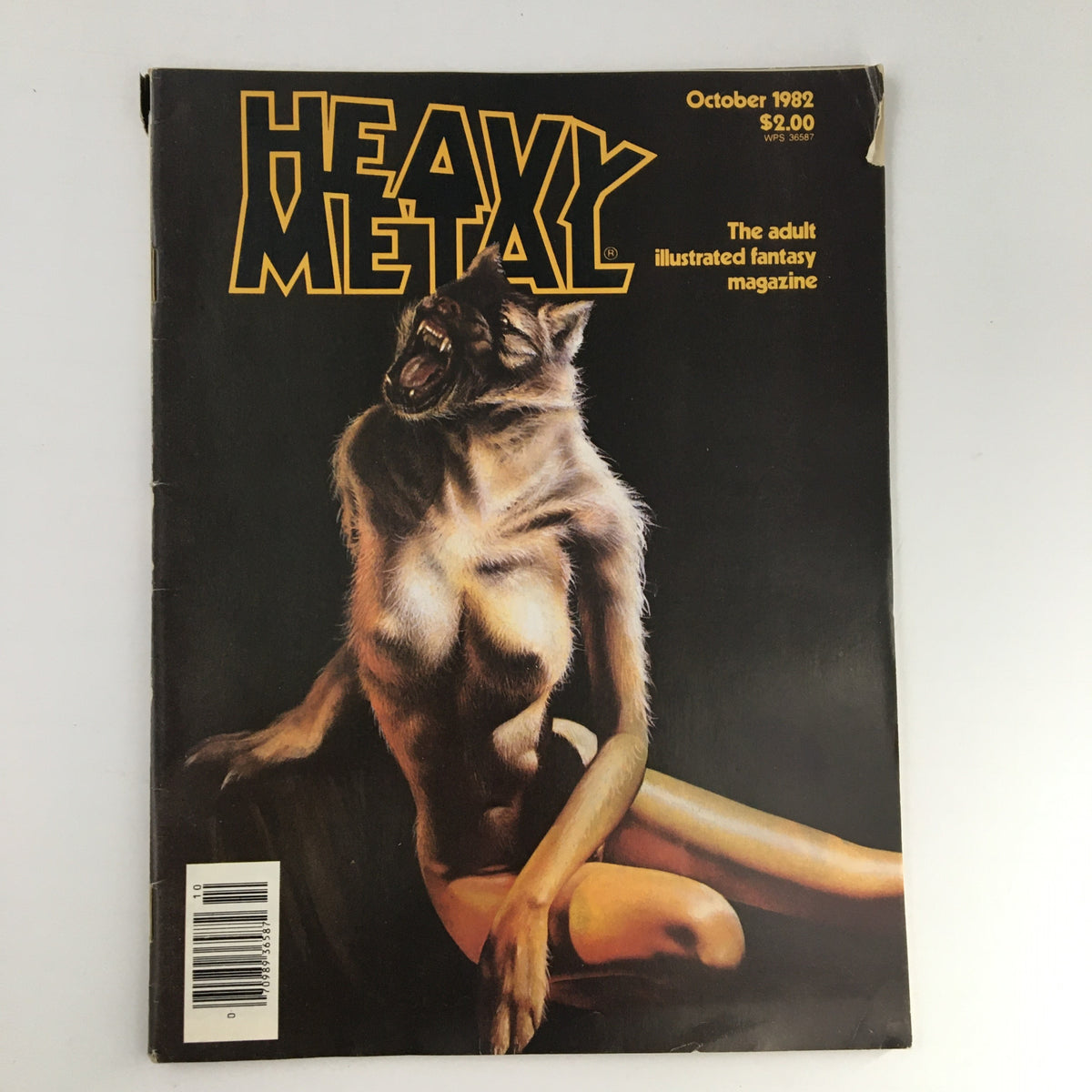 Cover of Heavy Metal Magazine October 1982 featuring 'The Ape' by Silverio Pisu. The magazine depicts a striking illustration of a humanoid figure with a wolf-like face, highlighted by the bold logo and issue details.