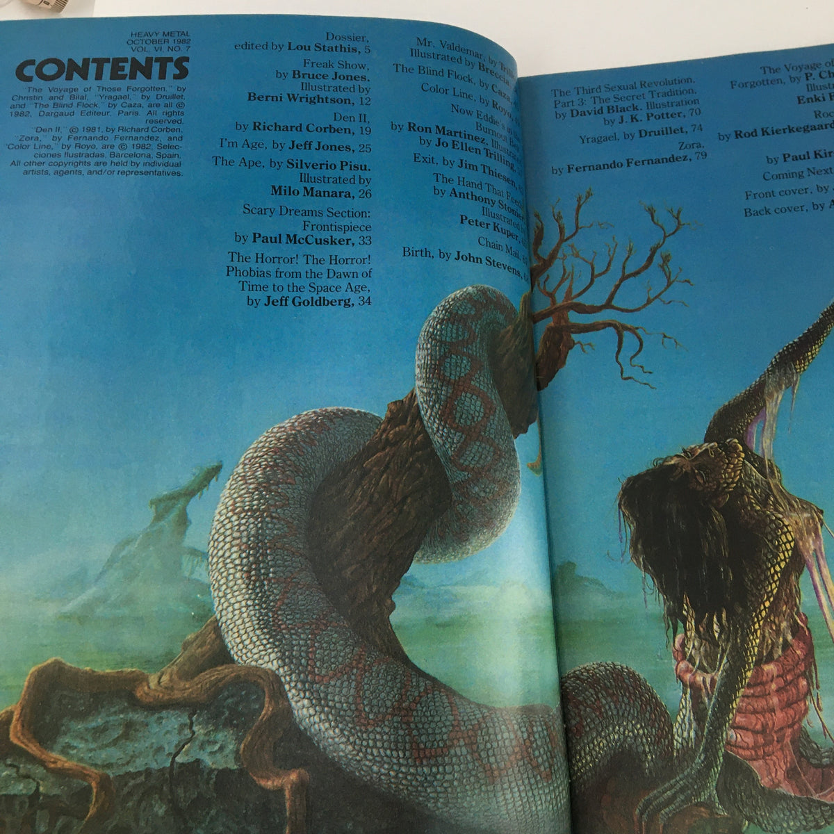 Contents page of Heavy Metal Magazine October 1982 featuring 'The Ape' by Silverio Pisu, showcasing articles and illustrations from the issue.