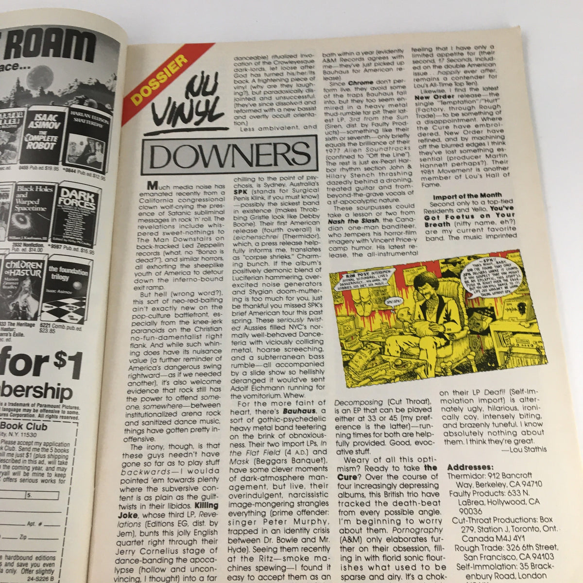 A feature article titled 'Downers' in Heavy Metal Magazine October 1982, exploring aspects of music with accompanying graphic illustrations.