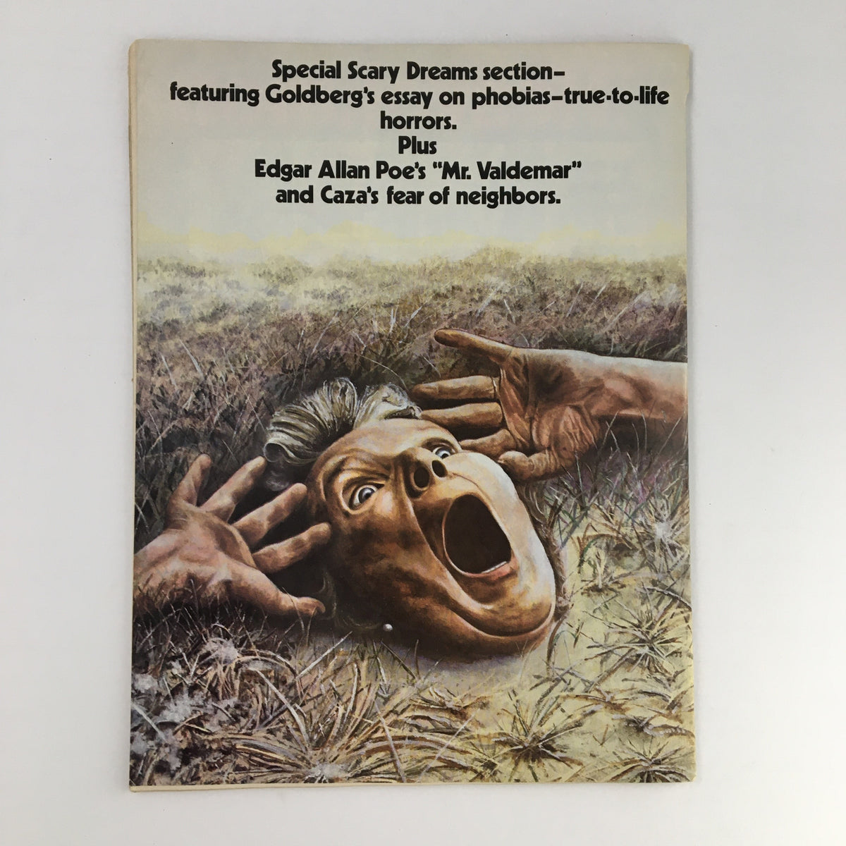 Cover of Heavy Metal Magazine from October 1982 featuring an illustration of a man screaming in fear, highlighting the special Scary Dreams section, noted for its essay on phobias and stories including Edgar Allan Poe's 'Mr. Valdemar'.