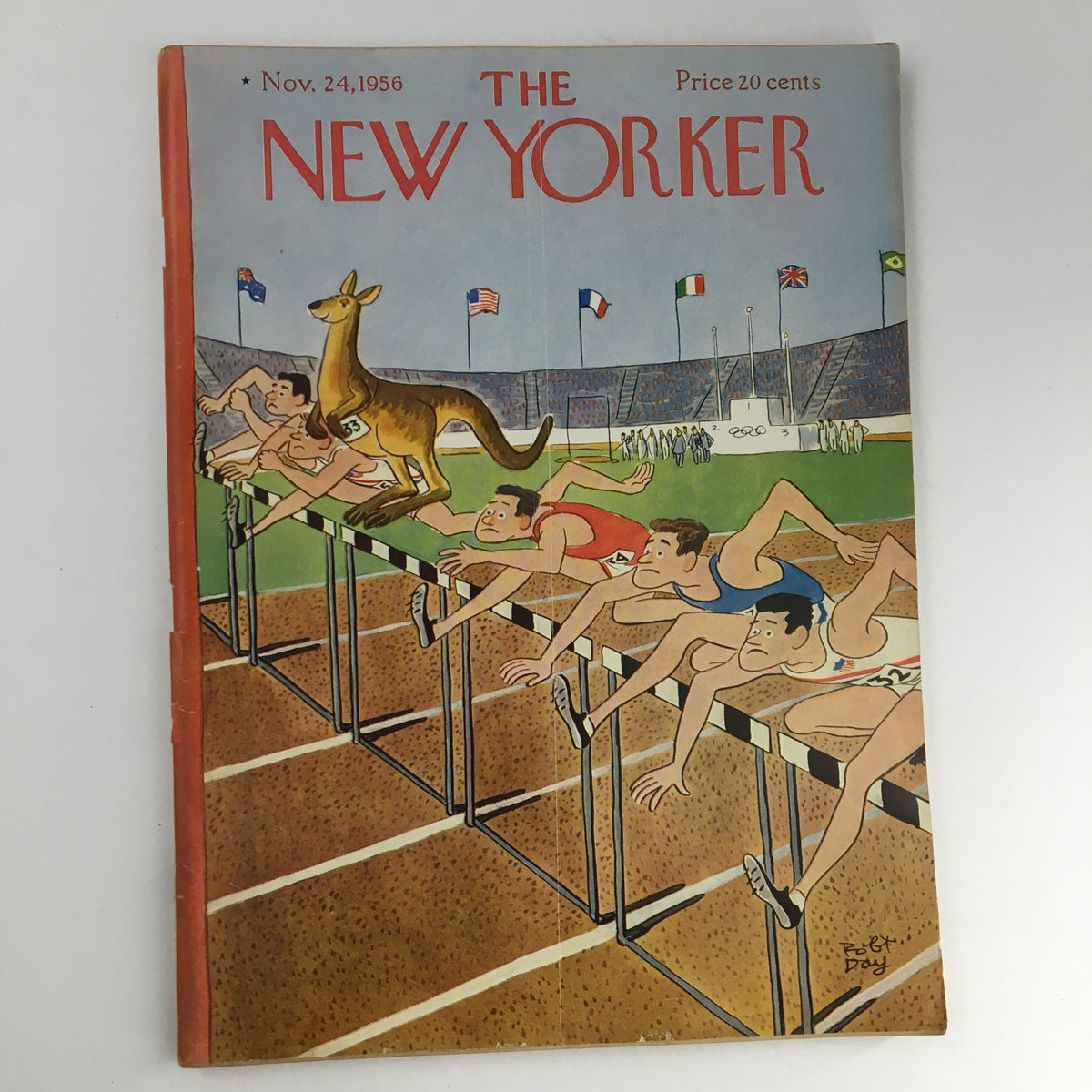 Cover of The New Yorker Magazine November 24, 1956 featuring a whimsical illustration by Robert Day, depicting a humorous scene of racers with a kangaroo leaping over hurdles at a sports event.