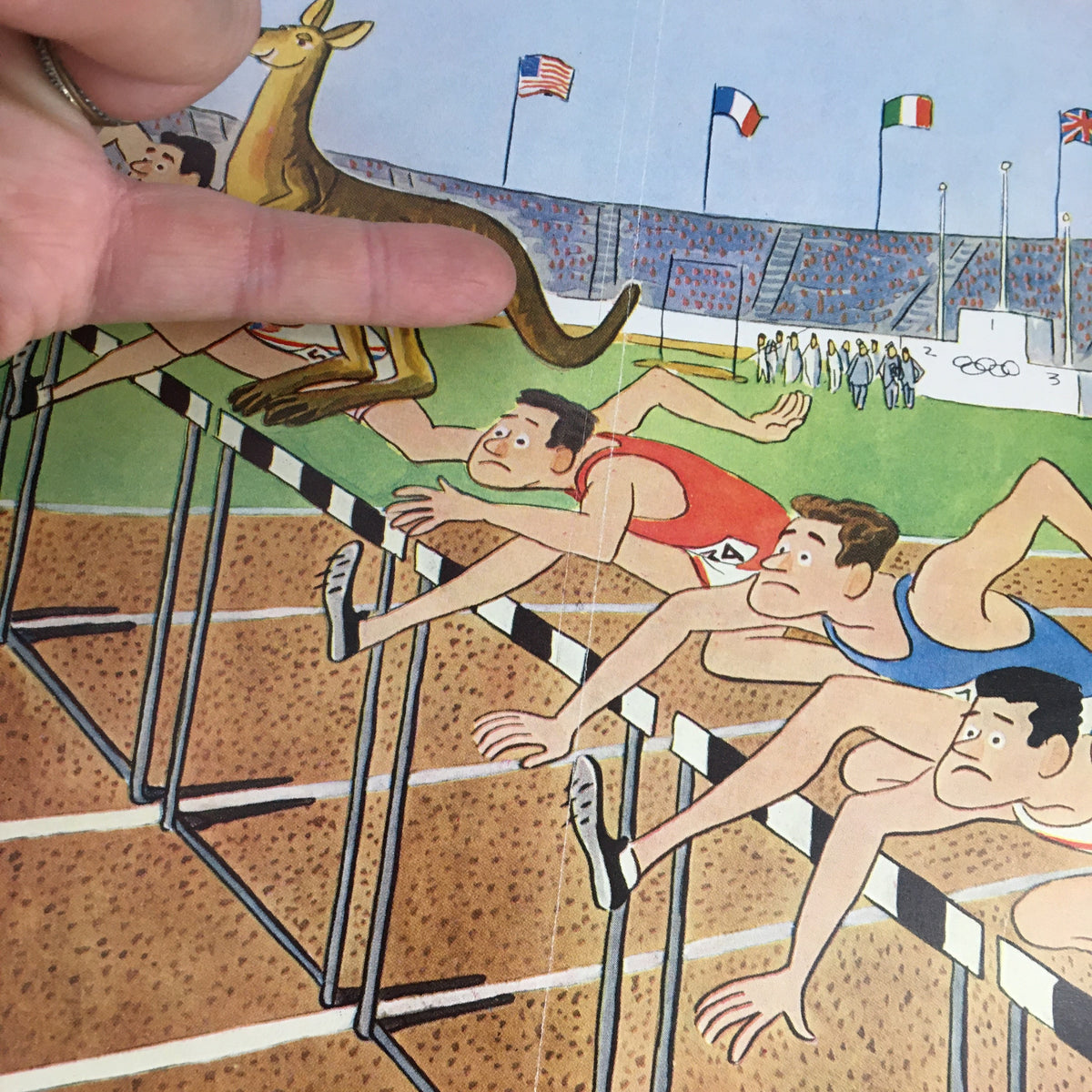 Close-up of the cover illustration from The New Yorker Magazine November 24, 1956, showcasing a kangaroo and athletes at a sports race, highlighting the artistry of Robert Day.