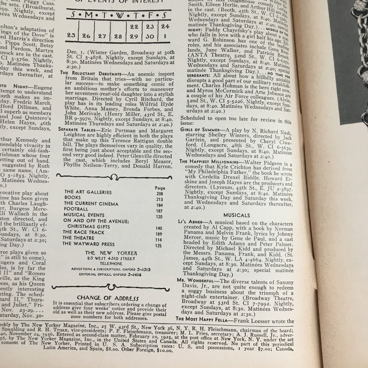 Interior page of The New Yorker Magazine November 24, 1956 displaying event listings and advertisements typical of mid-20th-century publications, providing a glimpse into the cultural context of the era.