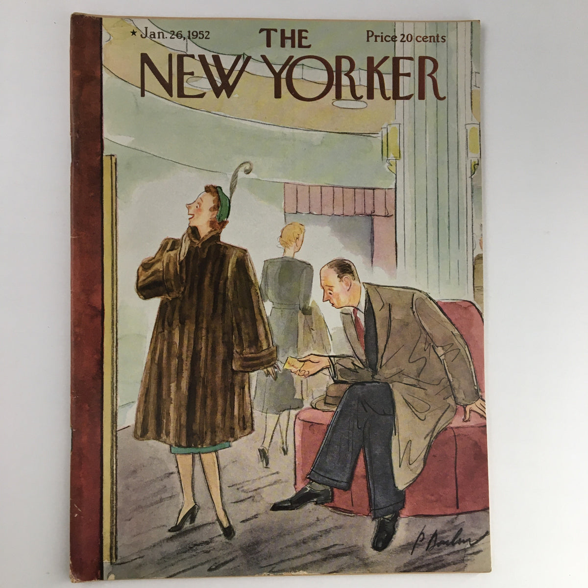 The New Yorker Magazine January 26 1952 cover art by Perry Barlow featuring a fashionable woman in a fur coat, a man in a suit, and a bustling interior scene, highlighting mid-20th-century American style.