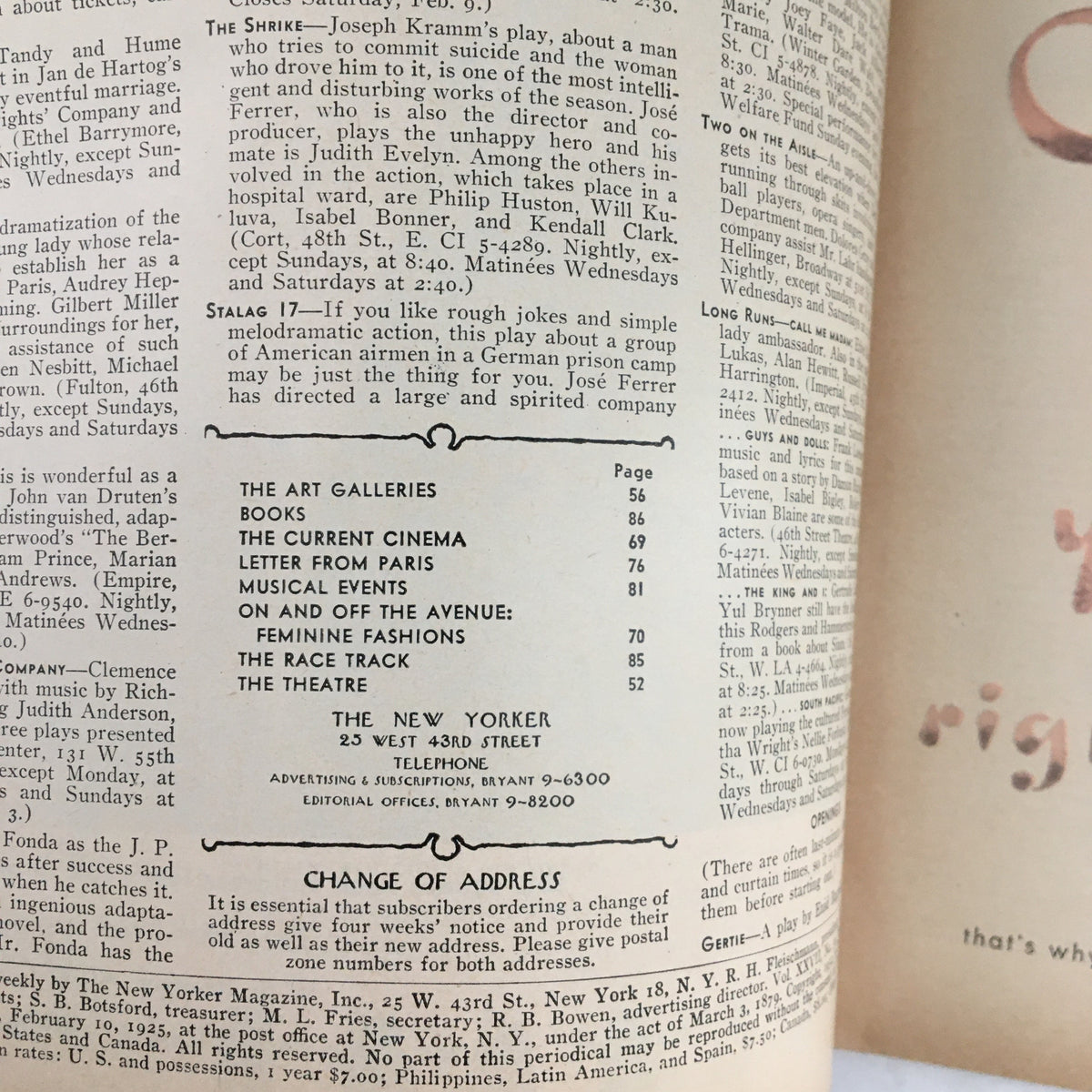 Interior page of The New Yorker Magazine dated January 26, 1952, showcasing a table of contents and advertisements, highlighting cultural events and theatrical productions, featuring details relevant to the magazine's theme cover by Perry Barlow.