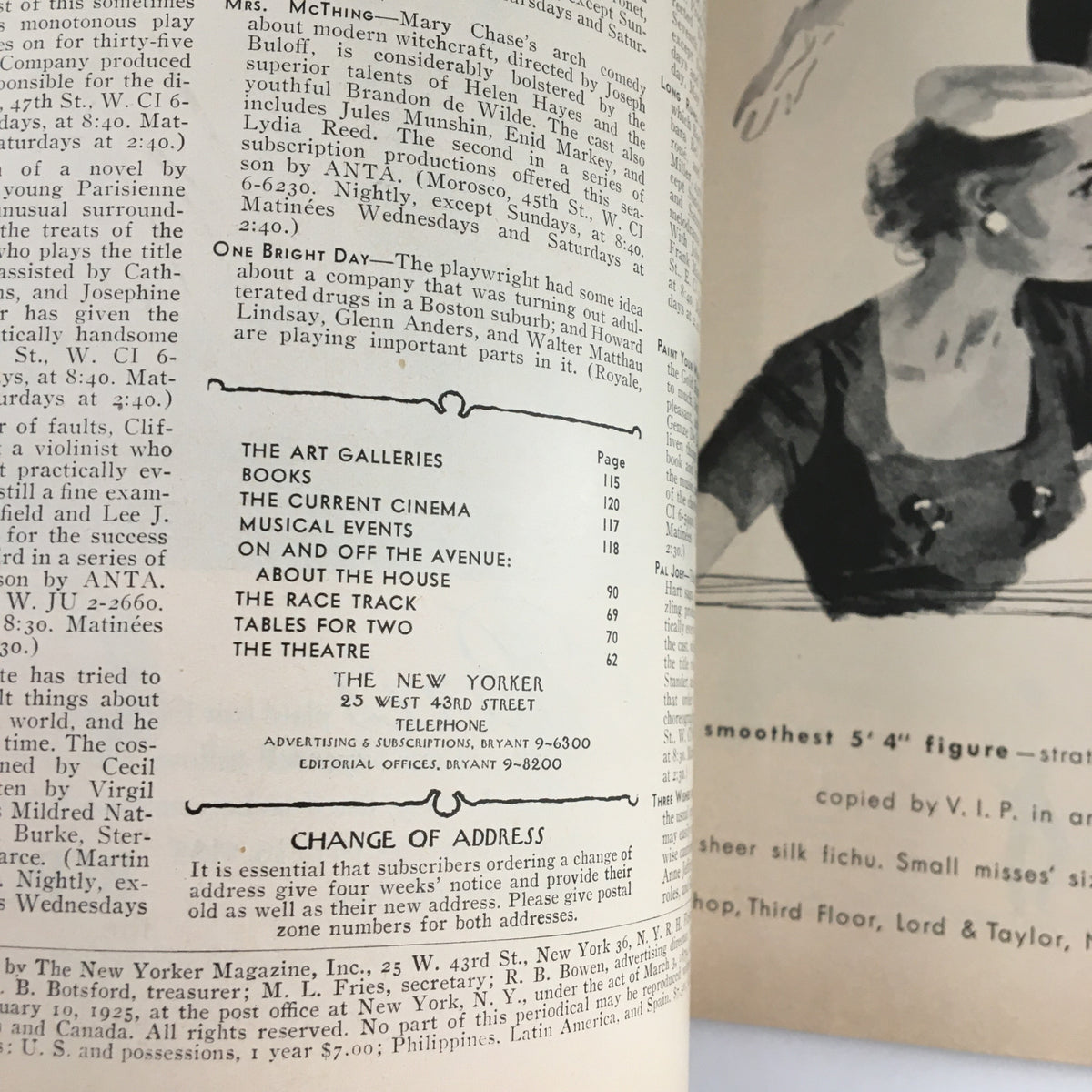 Interior page of The New Yorker Magazine April 5 1952, showcasing advertisements and article listings, highlighting the vintage feel and historical context of the publication.