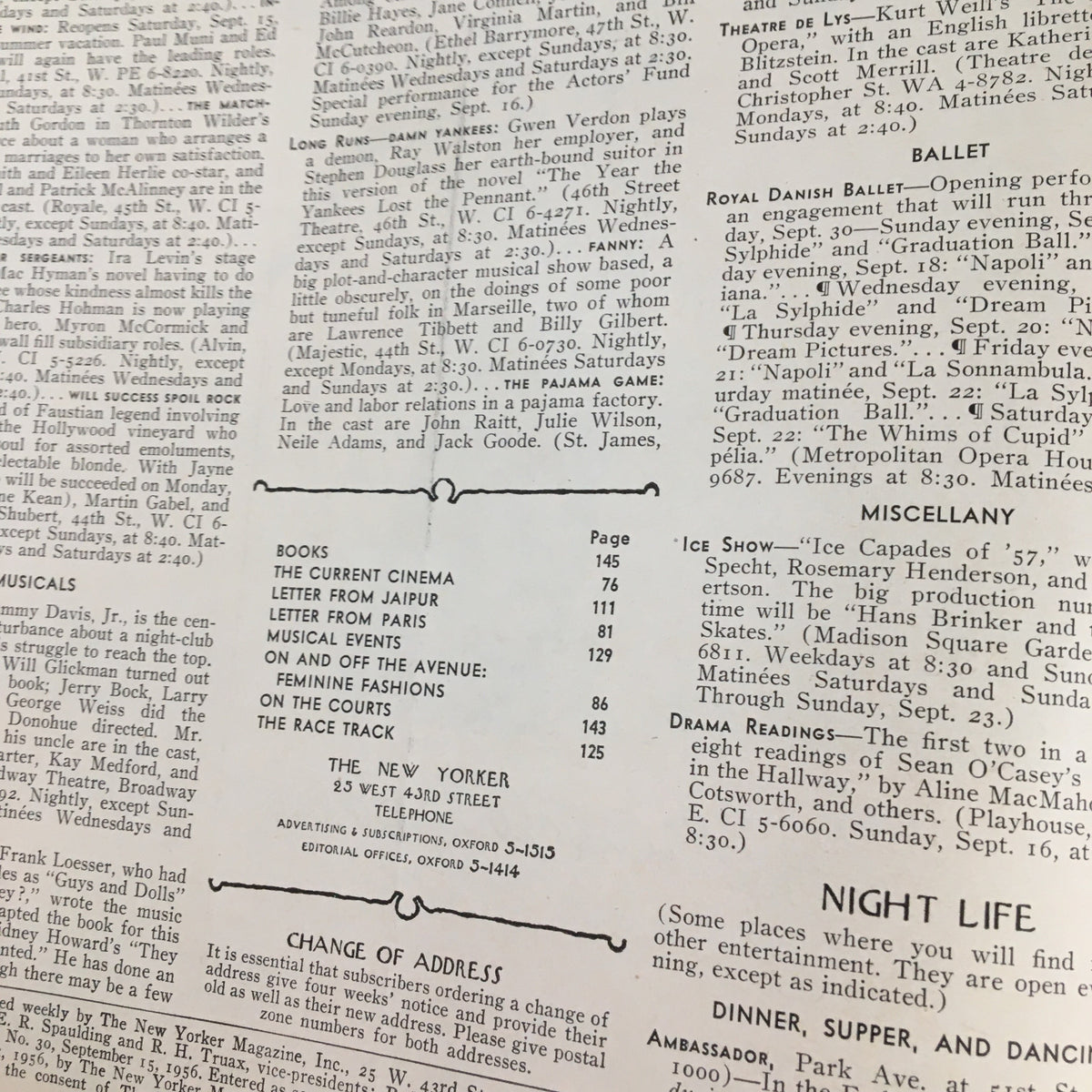 Interior page of The New Yorker Magazine September 15, 1956 showcasing content listings, including articles and musicals of the era.