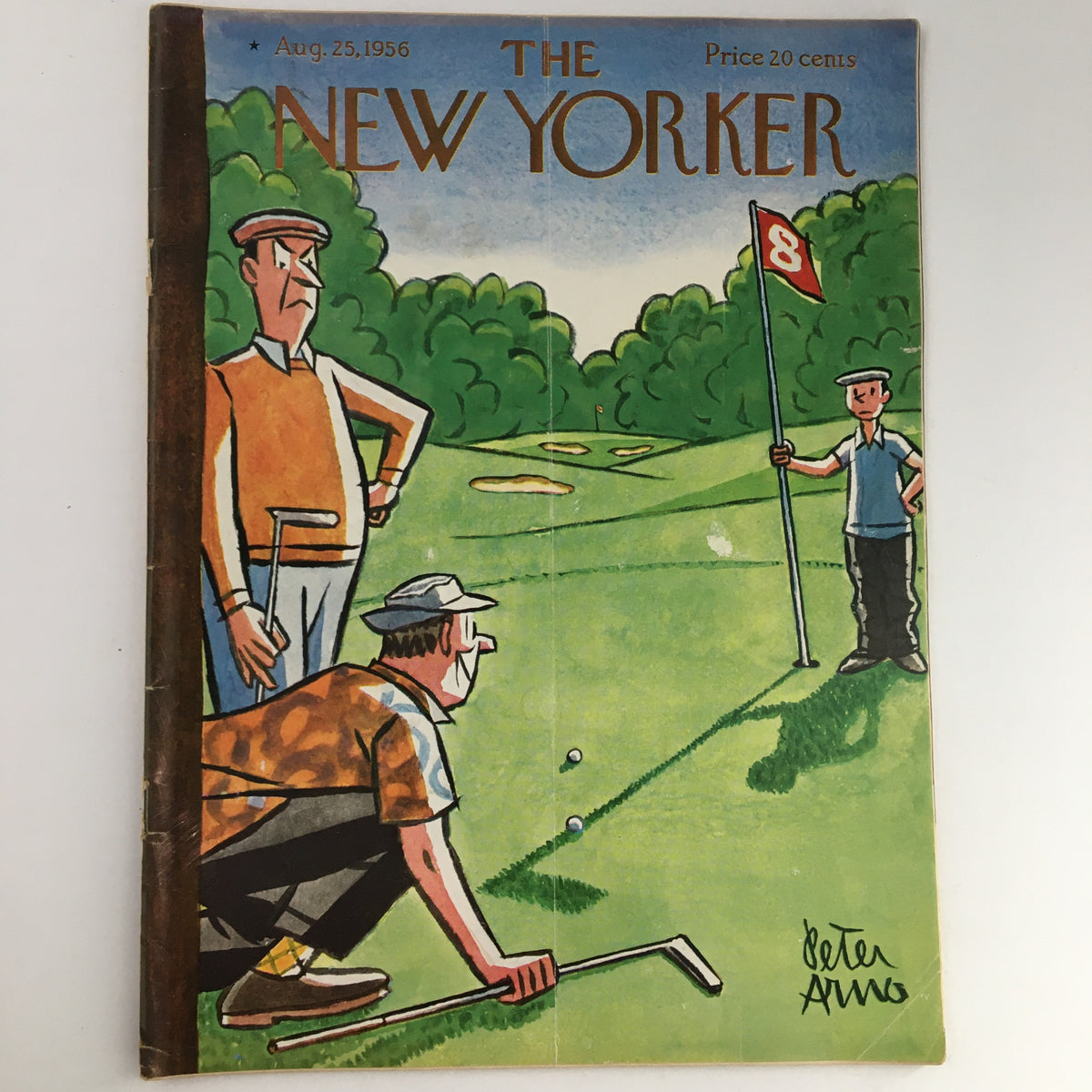 Cover of The New Yorker Magazine August 25, 1956, designed by Peter Arno, featuring golfers on a green with a flag and comedic elements.