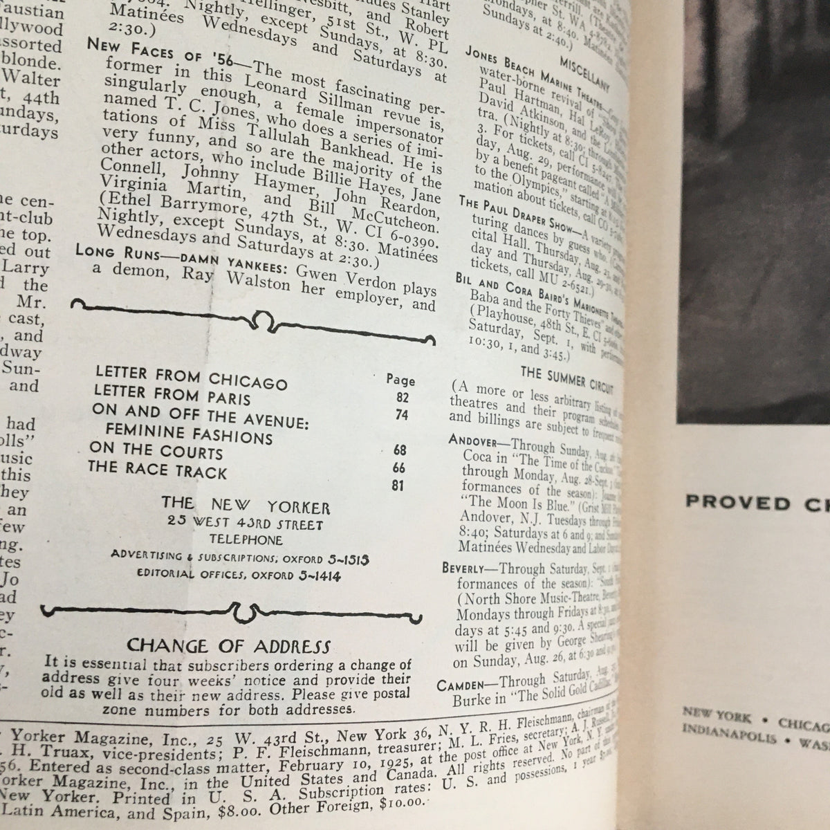 Interior page of The New Yorker Magazine August 25, 1956, displaying articles and advertisements from the era, reflecting mid-20th-century culture.