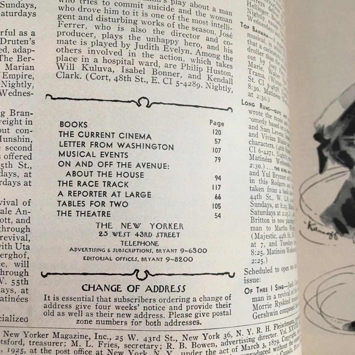 Table of contents from The New Yorker Magazine, May 10, 1952, detailing featured articles and events, reflecting the cultural landscape of the era.