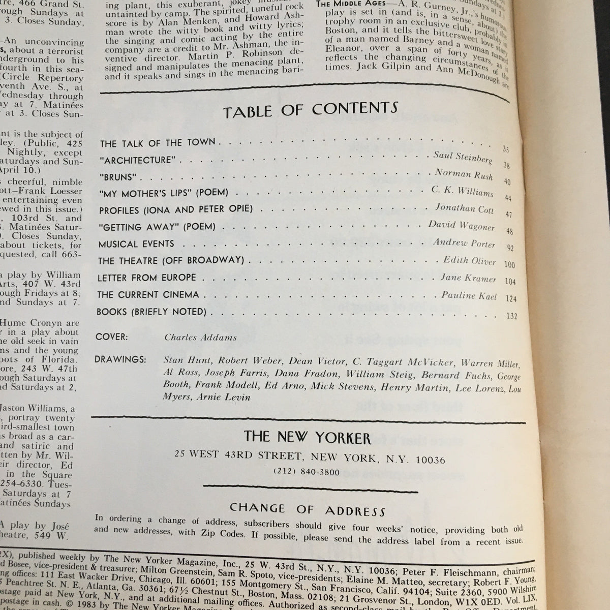 Table of Contents of The New Yorker Magazine April 4, 1983, showcasing articles, poems, and features with a vintage layout.