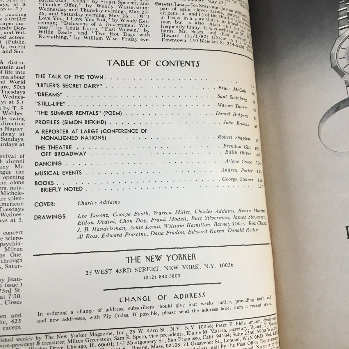 Table of contents page from The New Yorker Magazine May 23, 1983, featuring a list of articles and illustrations including works by Charles Addams.