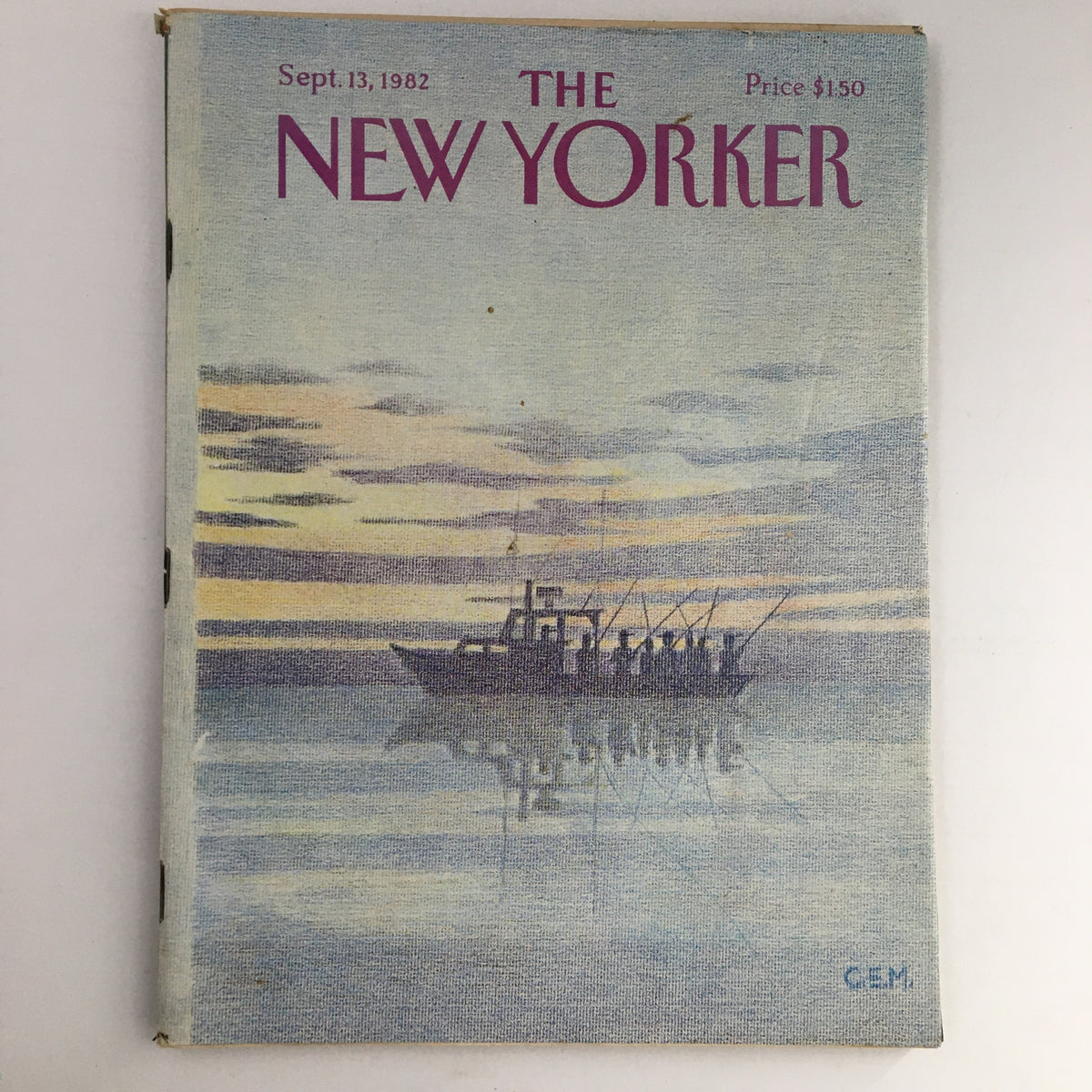 The New Yorker Magazine September 13 1982 Cover featuring a serene illustration of a fishing boat at sunset with soft hues, designed by Charles E. Martin.