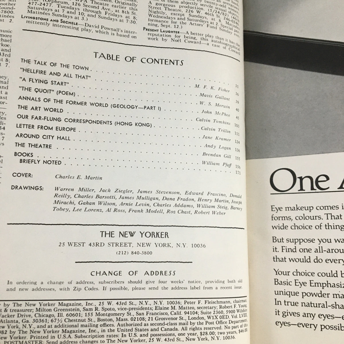 Table of Contents page from The New Yorker Magazine September 13 1982, listing articles and features including the cover by Charles E. Martin.