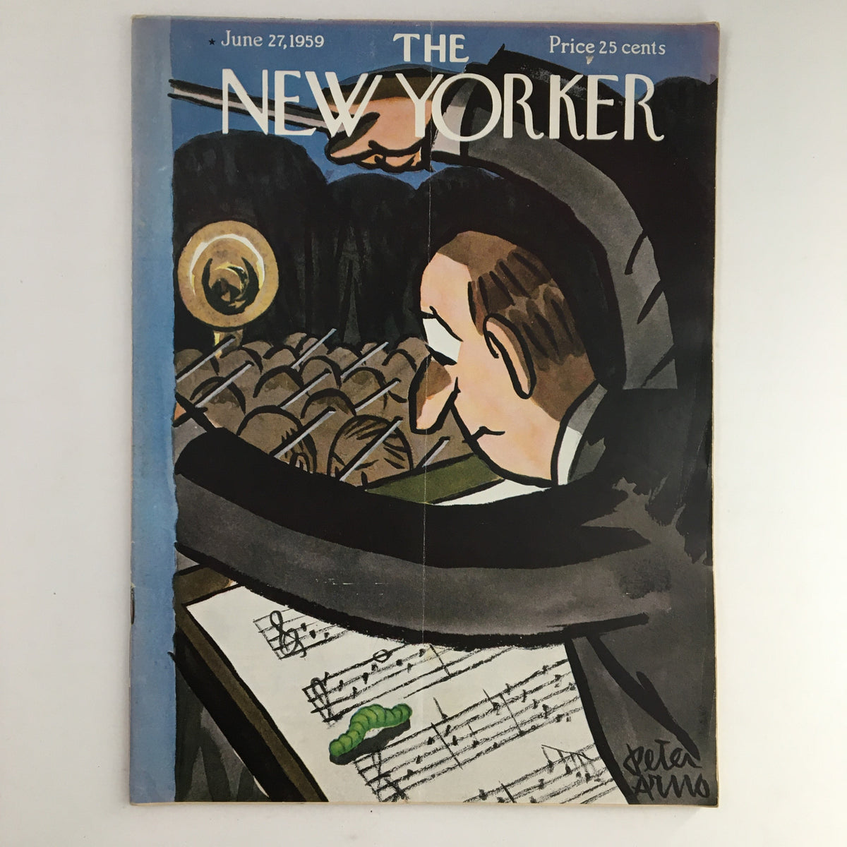 Cover of The New Yorker Magazine from June 27, 1959, featuring artwork by Peter Arno depicting a humorous music conductor with a caterpillar on sheet music.