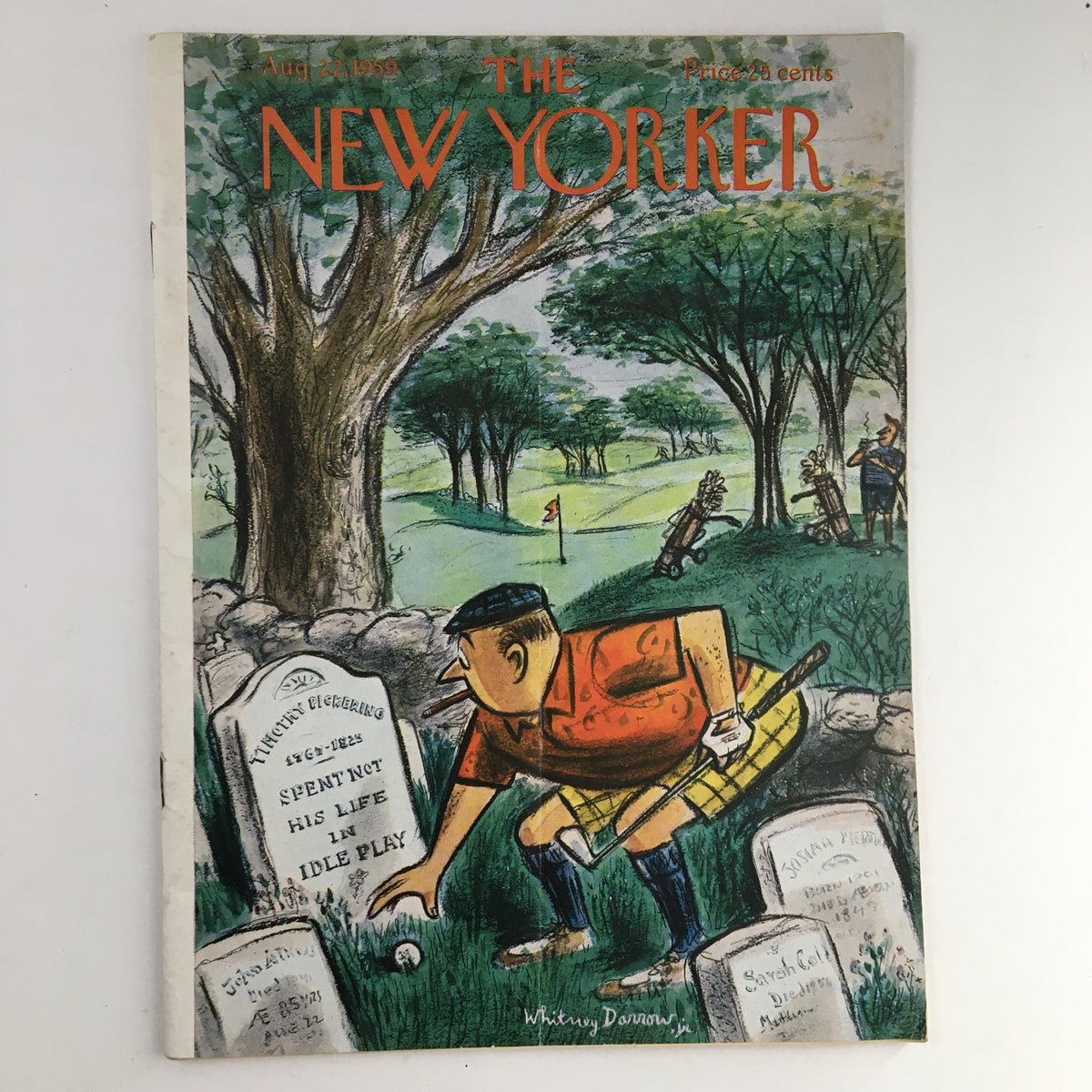 Cover of The New Yorker Magazine from August 22, 1959, featuring a humorous illustration by Whitney Darrow Jr, depicting a golfer beside gravestones in a lush green setting.