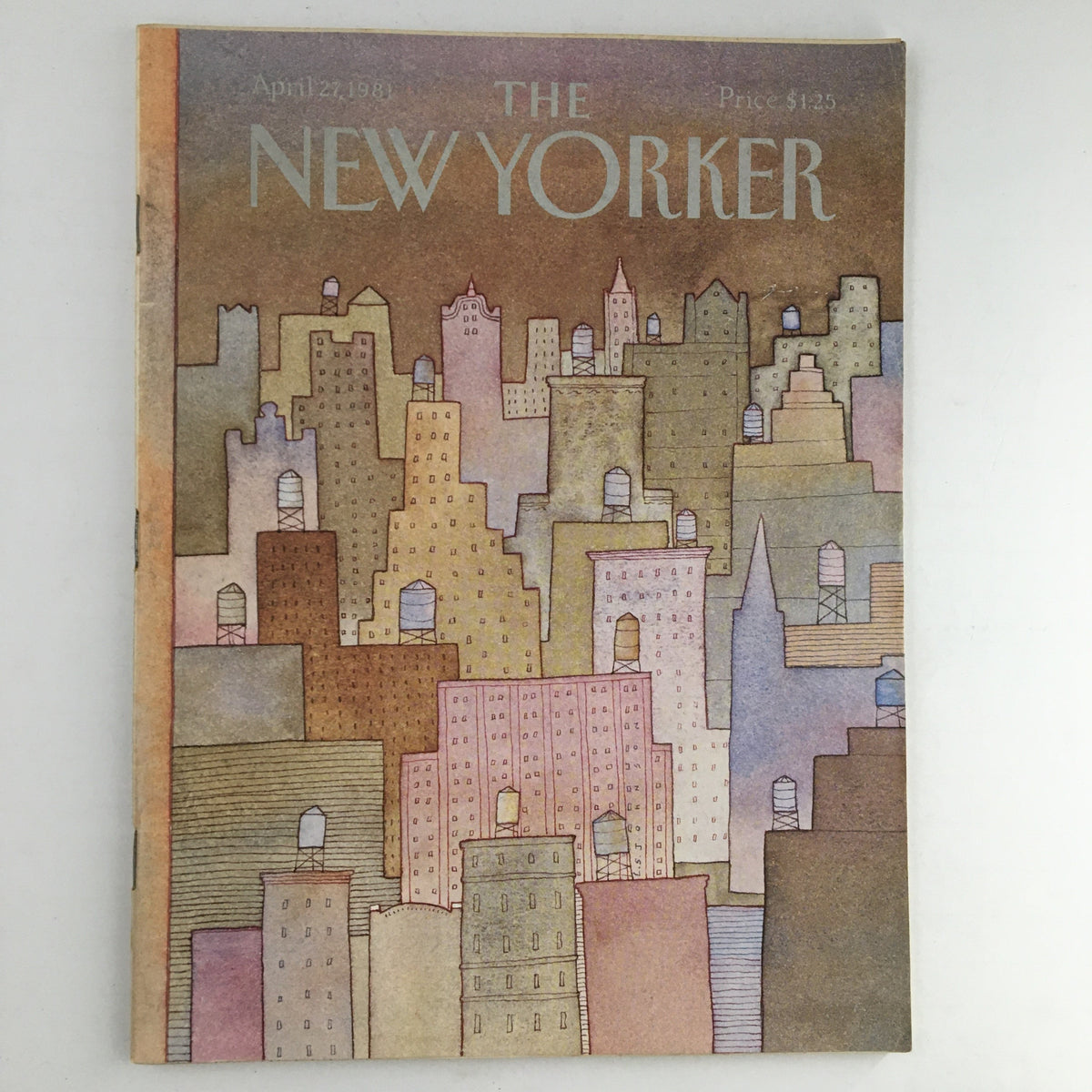The New Yorker Magazine April 27 1981 cover featuring a theme design by Lonni Sue Johnson, illustrating a city skyline with pastel colors and water towers.