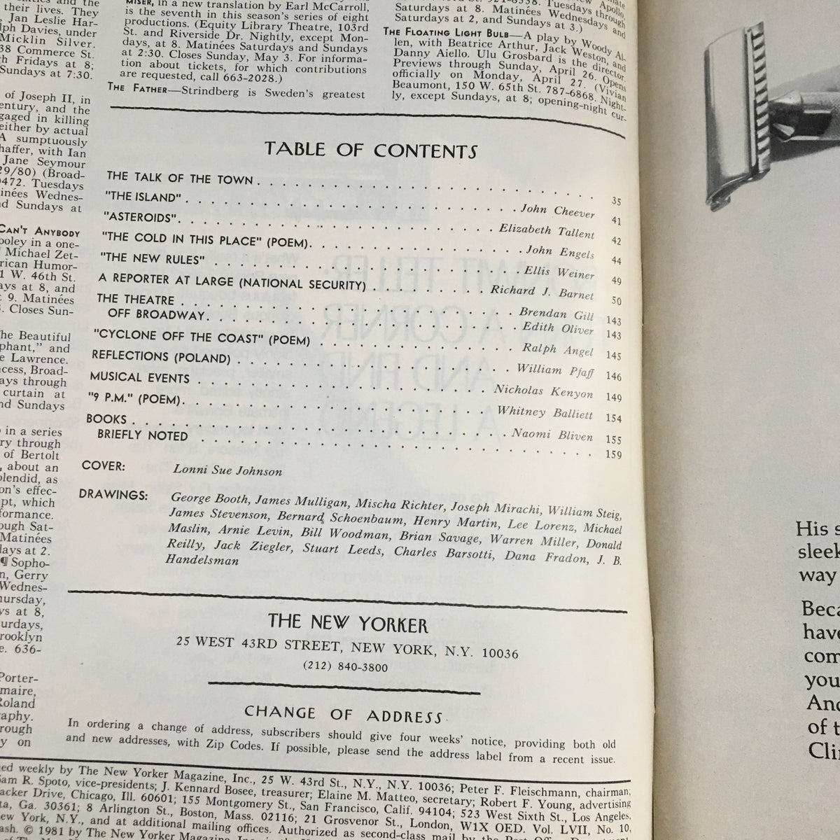 Table of contents from The New Yorker Magazine April 27, 1981, featuring contributions and cover by Lonni Sue Johnson, showcasing a vintage magazine layout and details.