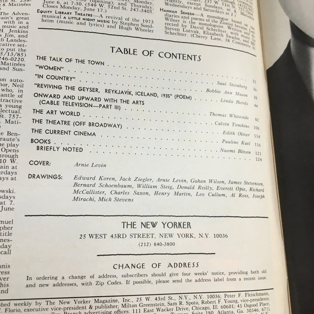 The New Yorker Magazine June 3 1985 table of contents page showcasing featured articles and illustrations, highlighting contributions by Arnie Levin and other notable artists.