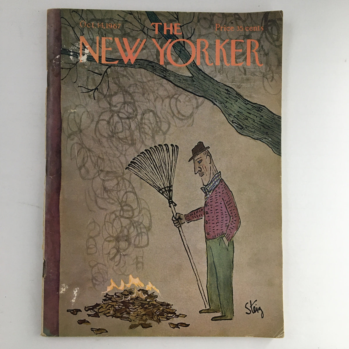 The New Yorker Magazine cover from October 14, 1967, featuring whimsical theme artwork by William Steig, depicting a man with a rake standing by a small fire surrounded by leaves.