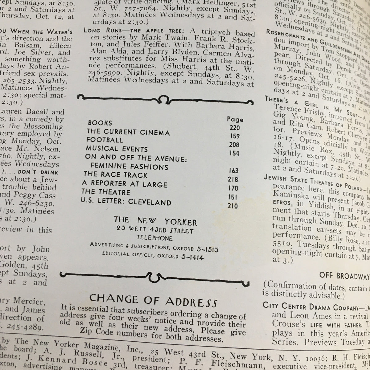 Inside look at The New Yorker Magazine October 14 1967, displaying the table of contents with various features including books and cinema events.