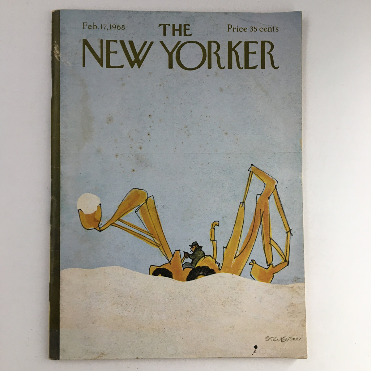Cover of The New Yorker Magazine dated February 17, 1968 by James Stevenson, featuring a whimsical illustration of a man in a snowplow-like vehicle against a blue background. Perfect for collectors.