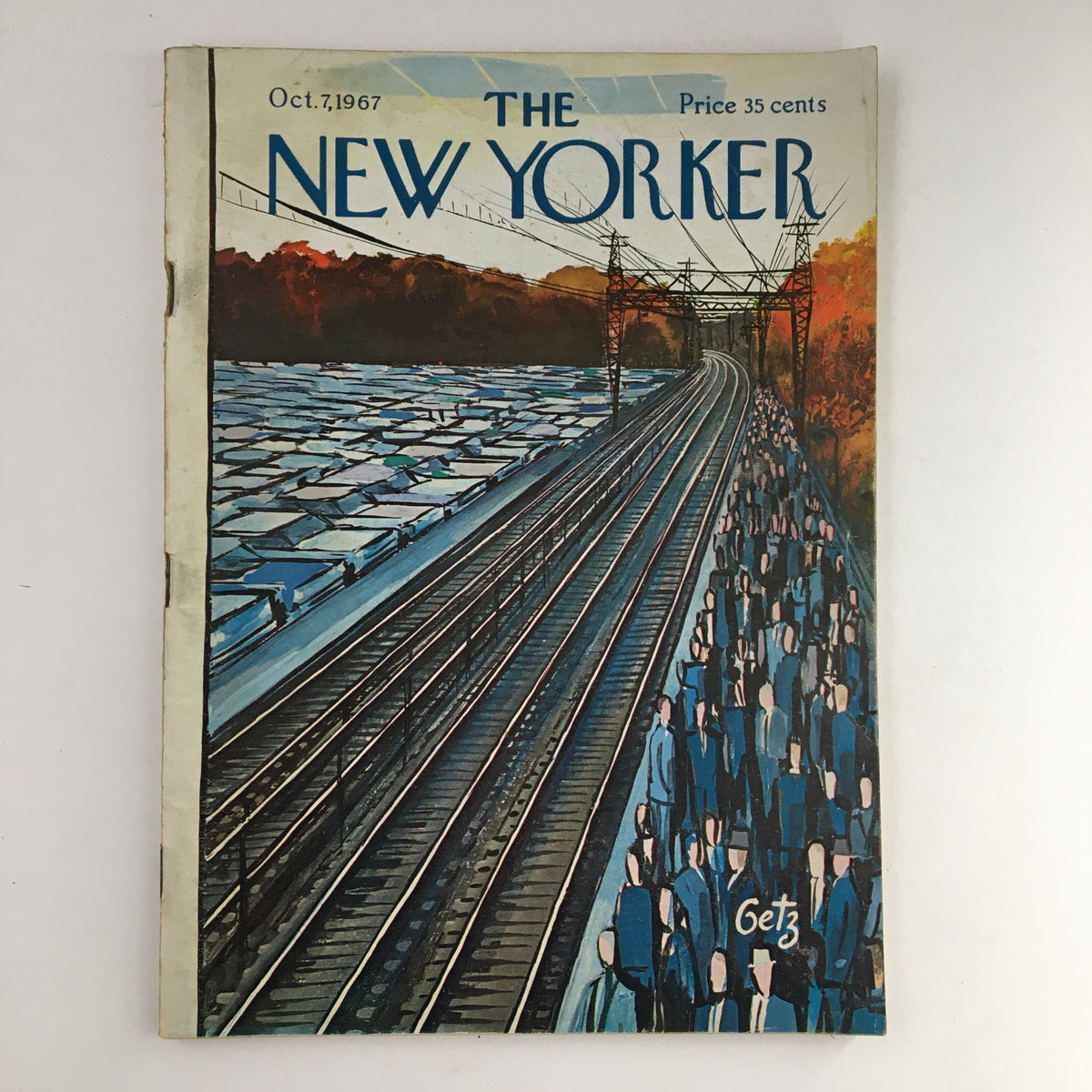 Cover of The New Yorker Magazine from October 7, 1967, designed by Arthur Getz, featuring a thematic illustration with a train track and crowd, showcasing the magazine's vintage appeal.